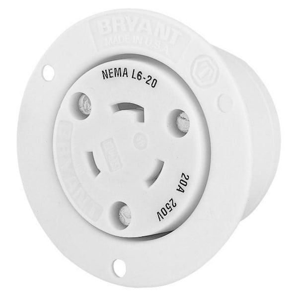 Dispositivo de bloqueo Bryant, receptáculo con brida, 20A 250V, 2 polos 3 cables a tierra, L6-20R, terminal de tornillo, blanco - 70620ER