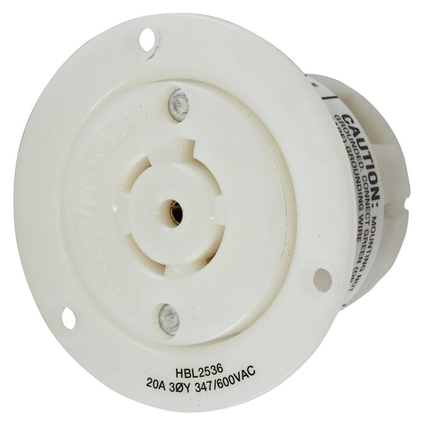 Dispositivos de bloqueo Hubbell Wiring Device-Kellems, Twist-Lock®, Industrial, Receptáculo rebordeado, 20A 3-Phase Wye 20A 347/600V AC, 4 polos 5 cables a tierra, L23-20R, Terminal de tornillo, color blanco - HBL2536