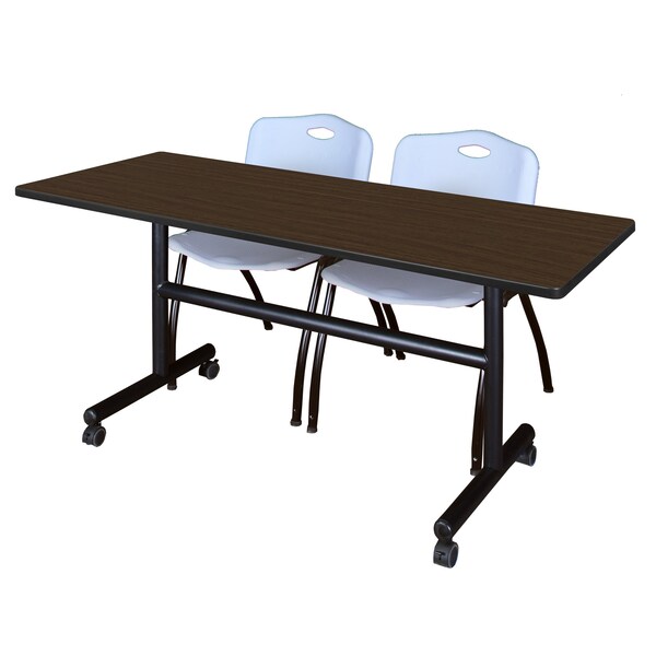 Regency Kobe Flip-Top Training Nesting Table W/ 2 M Stack Chairs, 60 in W, 24 in L, Neo Walnut - MKFT6024NW47GY