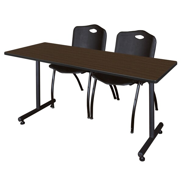 Regency Kobe T-Base Training Seminar Table W/ 2 M Stack Chairs, 60 in W, 24 in L, Neo Walnut - MKTRCT6024NW47BK