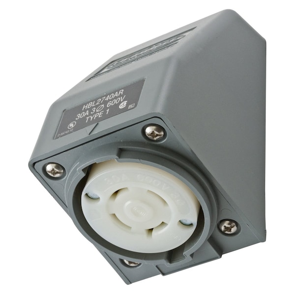 Dispositivos de bloqueo de Hubbell Wiring Device-Kellems, Twist-Lock®, Cubierta de seguridad, Receptáculo angular, 30A 3 fases Delta 600V AC, 3 polos 4 cables de conexión a tierra, L17-30R, Terminal de tornillo, gris - HBL2740AR