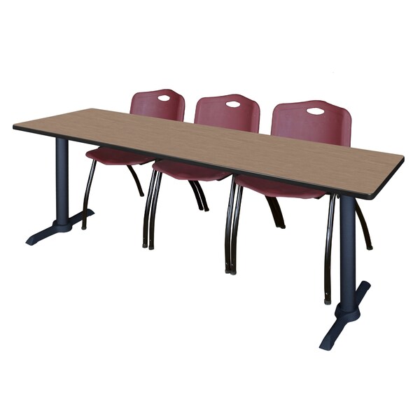 Regency Cain T-Base Training Seminar Table W/ 3 M Stack Chairs, 84 in W, 24 in L, Noble Oak - MTRCT8424NO47BY