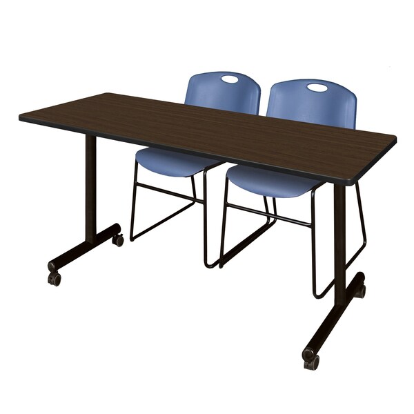 Regency Kobe Mobile T-Base Training Table W/ 2 Zeng Stack Chairs, 66 in W, 24 in L, Neo Walnut - MKTRCC6624NW44BE