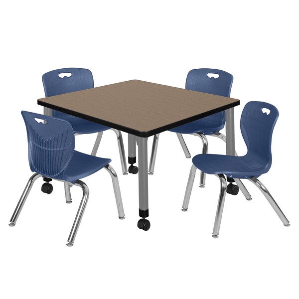Regency Square Kee Mobile Adjustable Classroom Table W/ 4 Andy Chairs, 30 in W, 30 in L, Noble Oak - TB3030NOAPCGY45NV