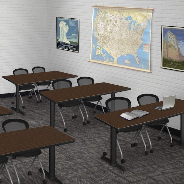 Regency Cain T-Base Training Seminar Table W/ 2 Cadence Stack Chairs, 48 in W, 24 in L, Neo Walnut - MTRCT4824NW23BK