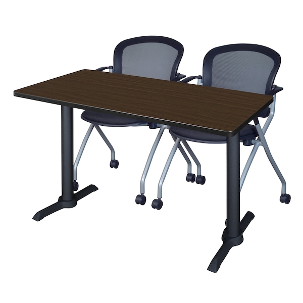 Regency Cain T-Base Training Seminar Table W/ 2 Cadence Stack Chairs, 48 in W, 24 in L, Neo Walnut - MTRCT4824NW23BK