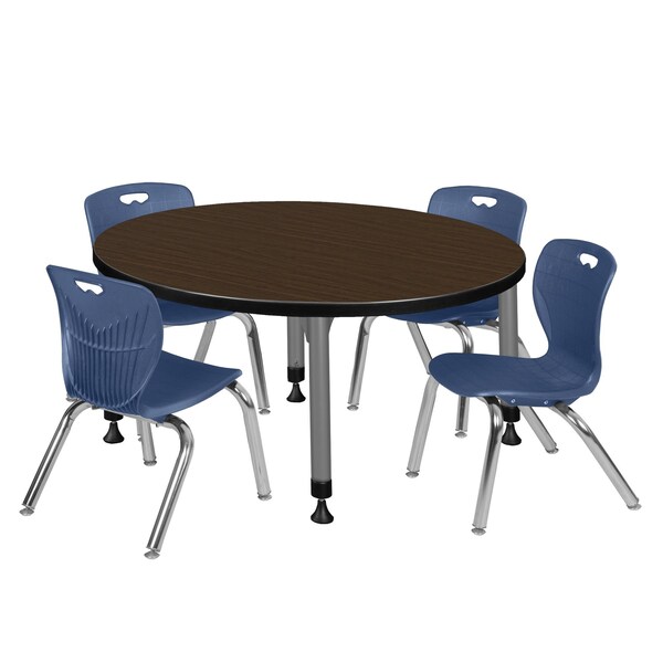 Regency Round Kee Adjustable Classroom Table W/ 4 Andy Stack Chairs, 36 in W, 36 in L, Neo Walnut - TB36RNDNWAPGY45NV