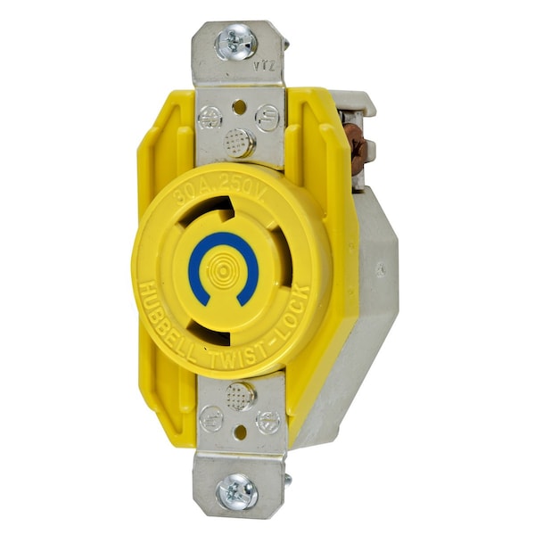 Dispositivos de Bloqueo Hubbell Wiring Device-Kellems, Twist-Lock®, Receptáculo individual empotrado resistente a la corrosión, 30A, 250V AC, 2 polos, 3 cables de conexión a tierra, NEMA L6-30R, nylon amarillo - HBL26CM20