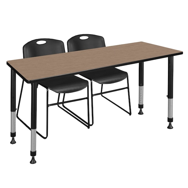 Regency Kee Adjustable Classroom Table W/ 2 Zeng Stack Chairs, 72 in W, 24 in L, Noble Oak - MT7224NOAPBK44BK