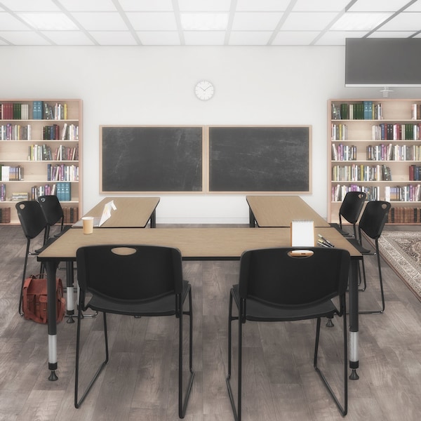 Regency Kee Adjustable Classroom Table W/ 2 Zeng Stack Chairs, 72 in W, 24 in L, Noble Oak - MT7224NOAPBK44BK