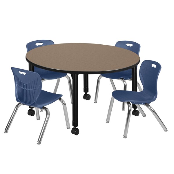 Regency Round Kee Mobile Adjustable Classroom Table W/ 4 Andy Chairs, 48 in W, 48 in L, Noble Oak - TB48RNDNOAPCBK45NV