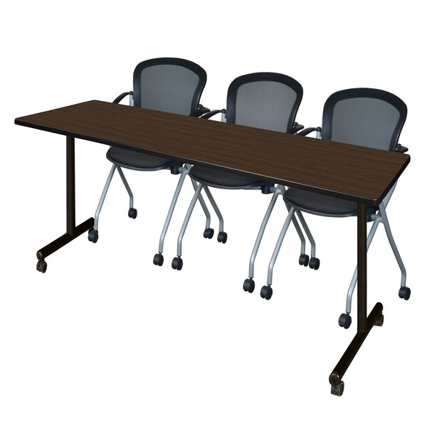 Regency Kobe Mobile T-Base Training Table W/ 2 Stack Chairs, 84 in W, 24 in L, Neo Walnut - MKTRCC8424NW23BK