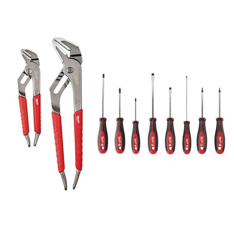 Set de alicates de mandíbula recta con agarre cómodo de 6 pulgadas y 10 pulgadas de Milwaukee con kit de destornilladores de 8 piezas con punta cuadrada (10 piezas) - 48-22-6330-48-22-2718.