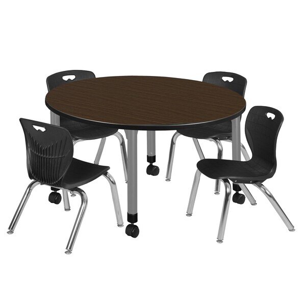 Regency Round Kee Mobile Adjustable Classroom Table W/ 4 Andy Chairs, 48 in W, 48 in L, Neo Walnut - TB48RNDNWAPCGY45BK