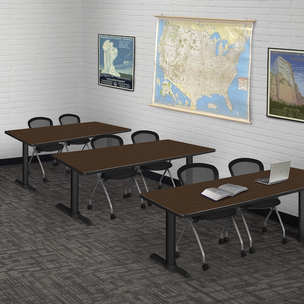 Regency Cain T-Base Training Seminar Table W/ 2 Cadence Stack Chairs, 60 in W, 24 in L, Neo Walnut - MTRCT6024NW23BK