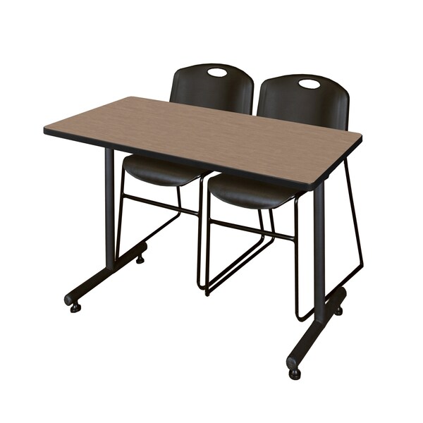 Regency Kobe T-Base Training Seminar Table W/ 2 Zeng Stack Chairs, 48 in W, 24 in L, Noble Oak - MKTRCT4824NO44BK