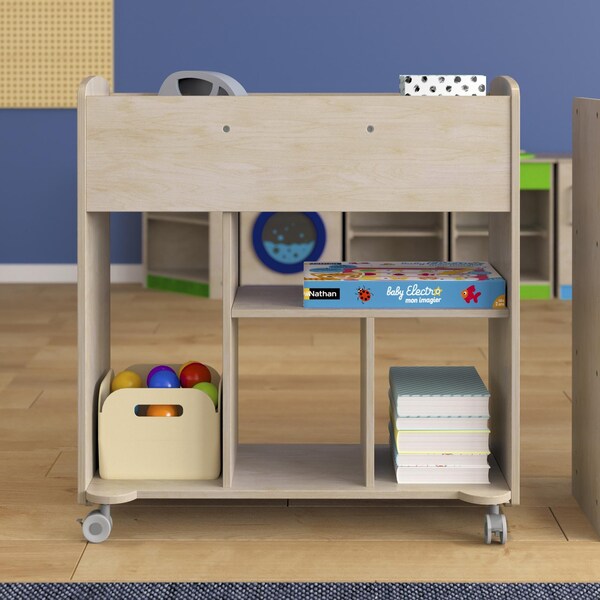 Flash Furniture Bright Beginnings Commercial Grade Double Sided Space Saving Wooden Mobile Storage Cart with Locking Caster Wheels & 10 Storage Compartments, Natural - MK-KE24244-GG