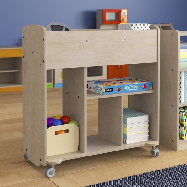 Flash Furniture Bright Beginnings Commercial Grade Double Sided Space Saving Wooden Mobile Storage Cart with Locking Caster Wheels & 10 Storage Compartments, Natural - MK-KE24244-GG