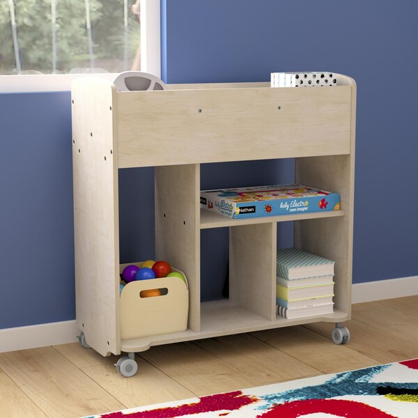 Flash Furniture Bright Beginnings Commercial Grade Double Sided Space Saving Wooden Mobile Storage Cart with Locking Caster Wheels & 10 Storage Compartments, Natural - MK-KE24244-GG