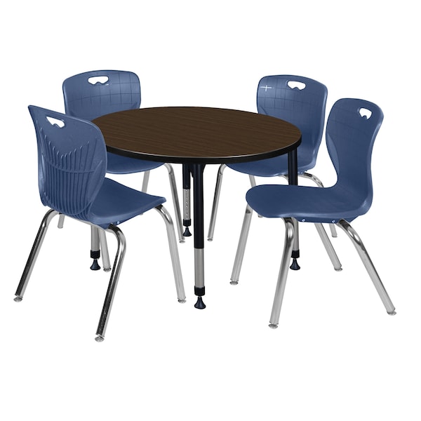 Regency Round Kee Adjustable Classroom Table W/ 4 Andy Stack Chairs, 42 in W, 42 in L, Neo Walnut - TB42RNDNWAPBK40NV