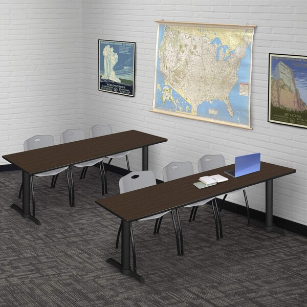 Regency Cain T-Base Training Seminar Table W/ 3 M Stack Chairs, 84 in W, 24 in L, Neo Walnut - MTRCT8424NW47GY