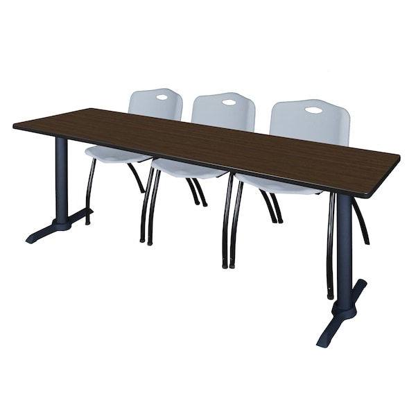 Regency Cain T-Base Training Seminar Table W/ 3 M Stack Chairs, 84 in W, 24 in L, Neo Walnut - MTRCT8424NW47GY