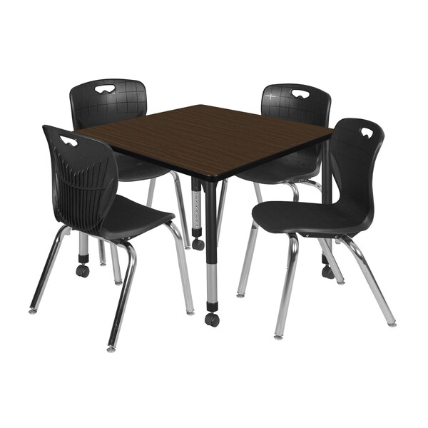 Regency Square Kee Mobile Adjustable Classroom Table W/ 4 Andy Chairs, 42 in W, 42 in L, Neo Walnut - TB4242NWAPCBK40BK