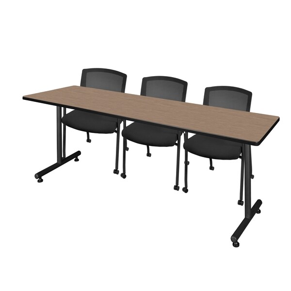 Regency Kobe T-Base Training Seminar Table W/ 3 Knight Mesh Chairs, 84 in W, 24 in L, Noble Oak - MKTRCT8424NO56CBK