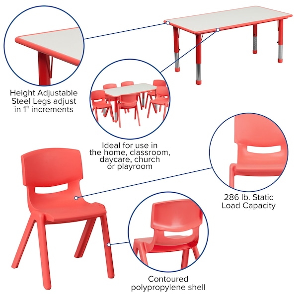 Flash Furniture Rectangle Table Set, 23.625 W, 47.25 L, 23.5 H, Plastic, Steel, Grey - YU-YCY-060-0036-RECT-TBL-RED-GG