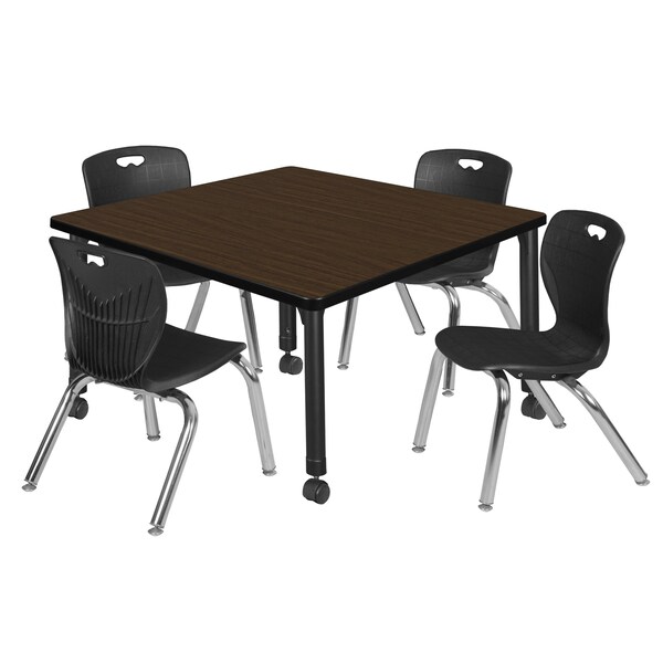 Regency Square Kee Mobile Adjustable Classroom Table W/ 4 Andy Chairs, 42 in W, 42 in L, Neo Walnut - TB4242NWAPCBK45BK