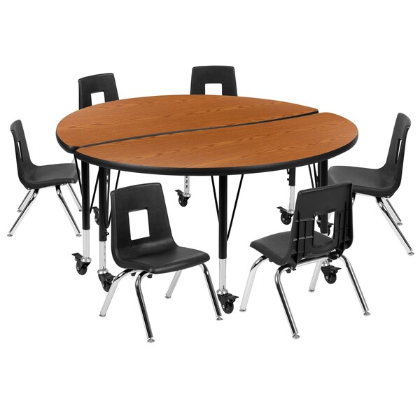 Flash Furniture Round 47.5 W, 48 L, 25 H, Chrome, Laminate, Particleboard, Plastic, Steel, Wood Grain - XU-GRP-12CH-A48-HCIRC-OAK-T-P-CAS-GG