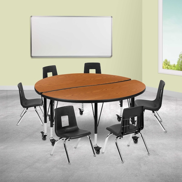 Flash Furniture Round 47.5 W, 48 L, 25 H, Chrome, Laminate, Particleboard, Plastic, Steel, Wood Grain - XU-GRP-12CH-A48-HCIRC-OAK-T-P-CAS-GG