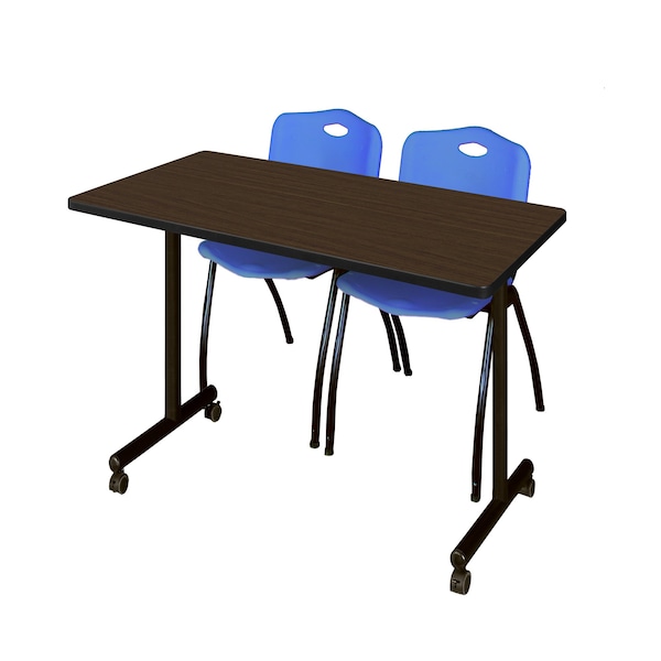 Regency Kobe Mobile T-Base Training Table W/ 2 M Stack Chairs, 48 in W, 24 in L, Neo Walnut - MKTRCC4824NW47BE