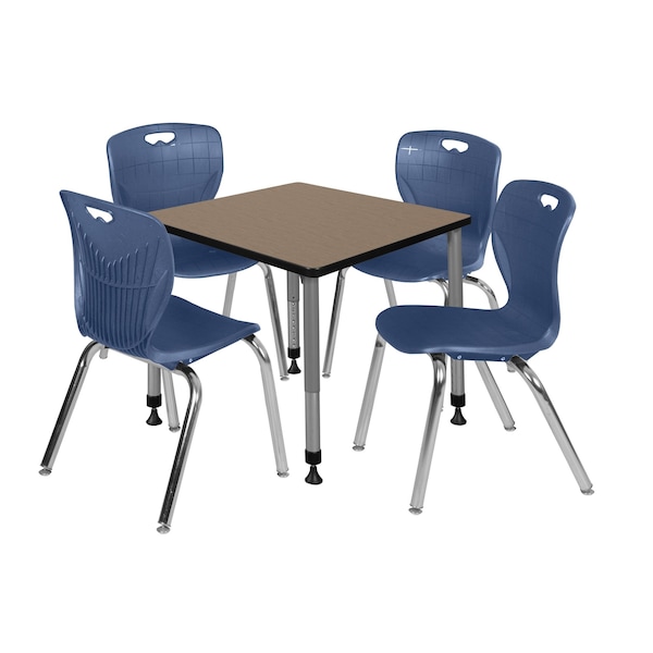 Regency Square Kee Adjustable Classroom Table W/ 4 Andy Stack Chairs, 30 in W, 30 in L, Noble Oak - TB3030NOAPGY40NV