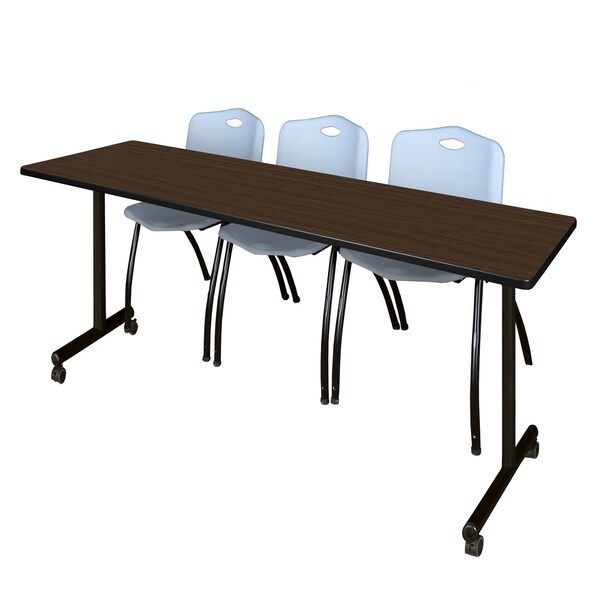 Regency Kobe Mobile T-Base Training Table W/ 2 M Stack Chairs, 84 in W, 24 in L, Neo Walnut - MKTRCC8424NW47GY