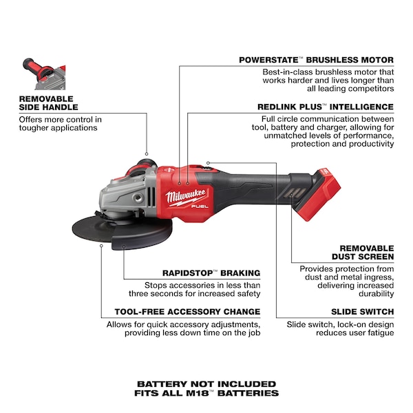 Milwaukee Tool M18 FUEL 4-1/2” - 6” Braking Grinder Kit, Slide Switch, Lock-On - 2981-20