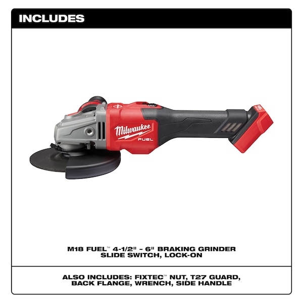 Milwaukee Tool M18 FUEL 4-1/2” - 6” Braking Grinder Kit, Slide Switch, Lock-On - 2981-20
