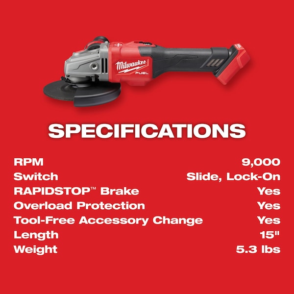 Milwaukee Tool M18 FUEL 4-1/2” - 6” Braking Grinder Kit, Slide Switch, Lock-On - 2981-20