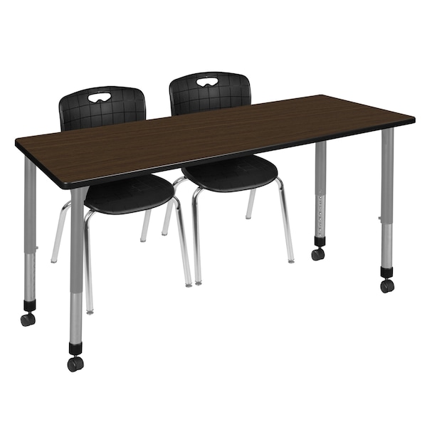 Regency Kee Mobile Adjustable Classroom Table W/ 2 Andy Stack Chairs, 72 in W, 30 in L, Neo Walnut - MT7230NWAPCGY40BK