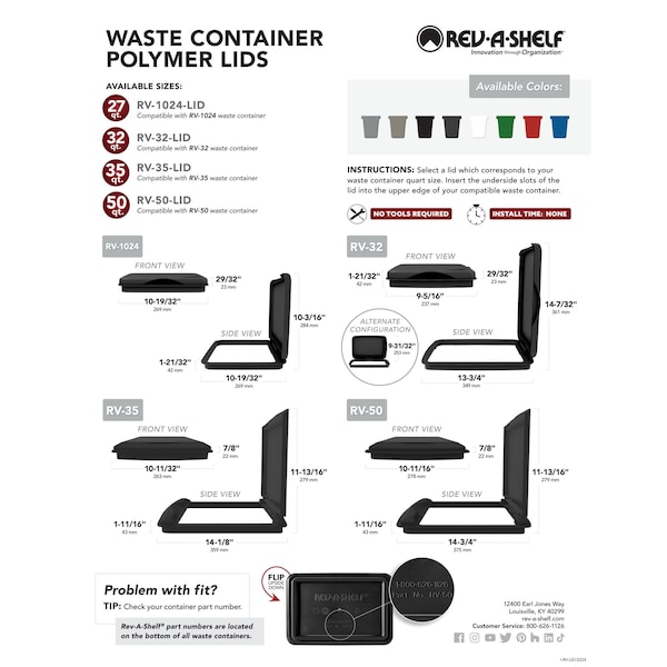Rev-A-Shelf Accessory, Polypropylene, Metallic Silver, 10.7 in W, 0.89 in H, 10.75 in D, 14.75 in L, Silver - RV-50-LID-17-1
