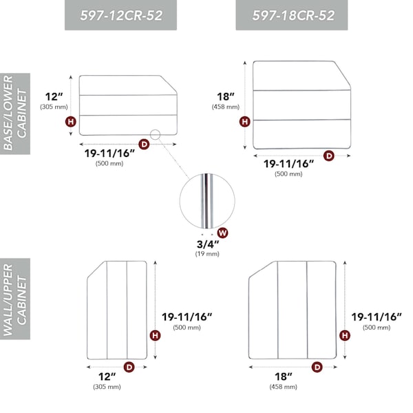 Rev-A-Shelf Steel, Chrome, 0.75 in W, 18 in H, 20 in D, 19.66 in L, Silver - 597-18CR-52