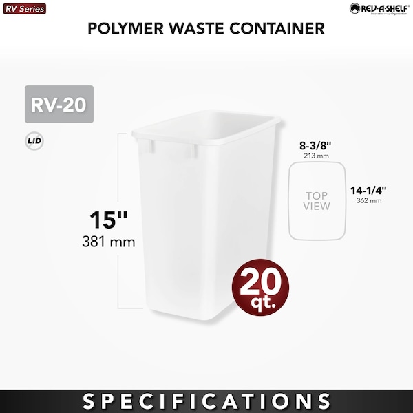 Rev-A-Shelf Accessory, Polypropylene, White, 8.38 in W, 15 in H, 14.25 in D, 14.25 in L, White - RV-20-52