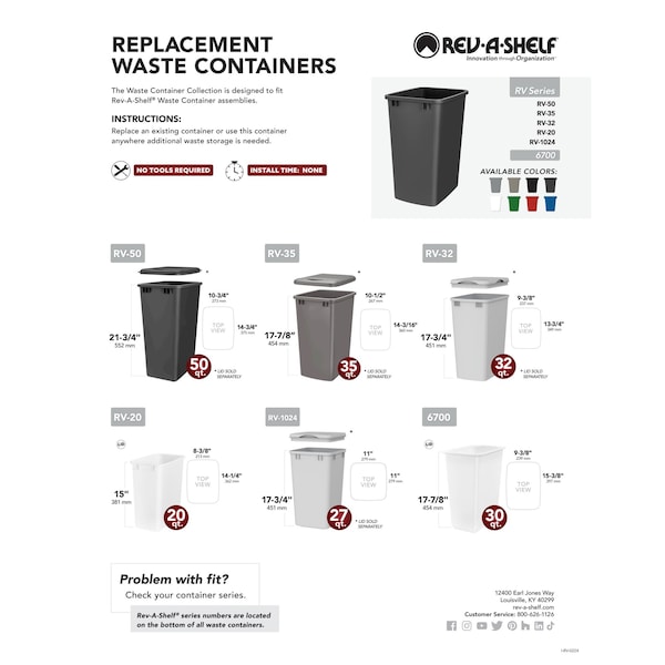 Rev-A-Shelf Accessory, Polypropylene, White, 8.38 in W, 15 in H, 14.25 in D, 14.25 in L, White - RV-20-52
