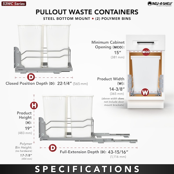 Rev-A-Shelf Steel; Plastic, Metallic Silver, 14.38 in W, 19 in H, 22.25 in D - 53WC-1835SCDM-217
