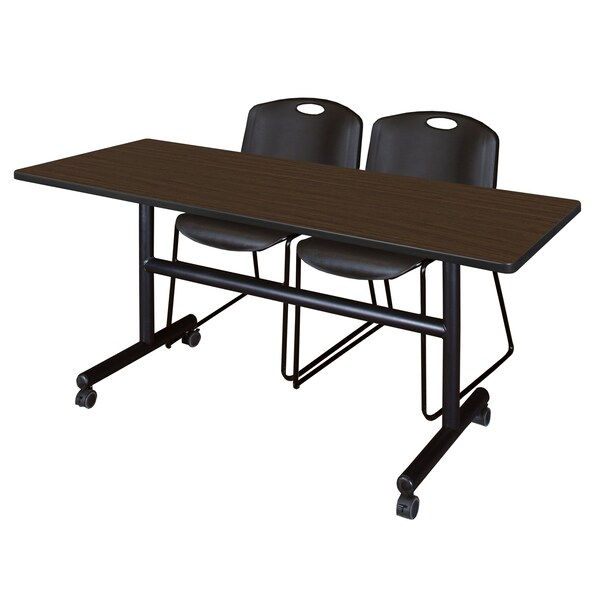Regency Kobe Flip-Top Training Nesting Table W/ 2 Zeng Stack Chairs, 60 in W, 24 in L, Neo Walnut - MKFT6024NW44BK