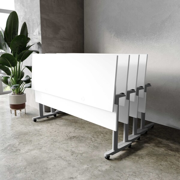 Flash Furniture Palmer 72in. x 24in. HD Nesting Table w/T-Legs, Modesty Panel, 1in. Thick White Tabletop, Gry Frame - MT-M7224-T-LEG-WHTGRY-GG