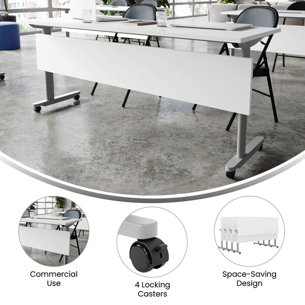 Flash Furniture Palmer 72in. x 24in. HD Nesting Table w/T-Legs, Modesty Panel, 1in. Thick White Tabletop, Gry Frame - MT-M7224-T-LEG-WHTGRY-GG