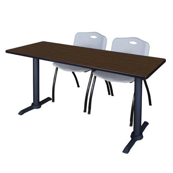 Regency Cain T-Base Training Seminar Table W/ 2 M Stack Chairs, 72 in W, 24 in L, Neo Walnut - MTRCT7224NW47GY