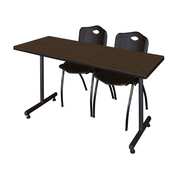 Regency Kobe T-Base Training Seminar Table W/ 2 M Stack Chairs, 66 in W, 30 in L, Neo Walnut - MKTRCT6630NW47BK