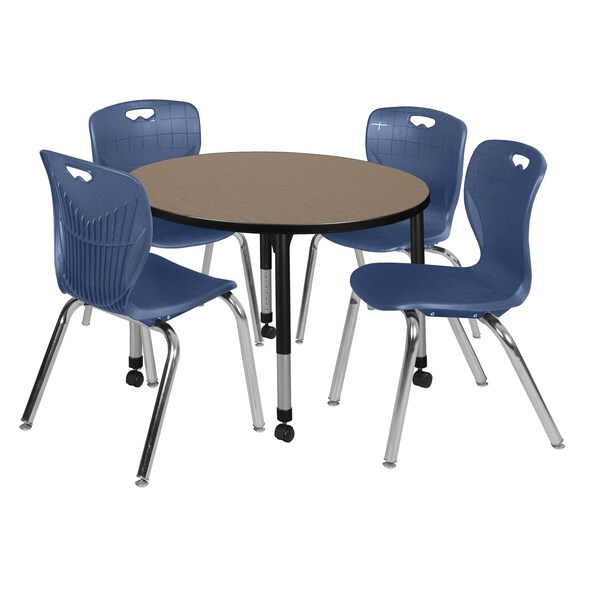 Regency Round Kee Mobile Adjustable Classroom Table W/ 4 Andy Chairs, 36 in W, 36 in L, Noble Oak - TB36RNDNOAPCBK40NV